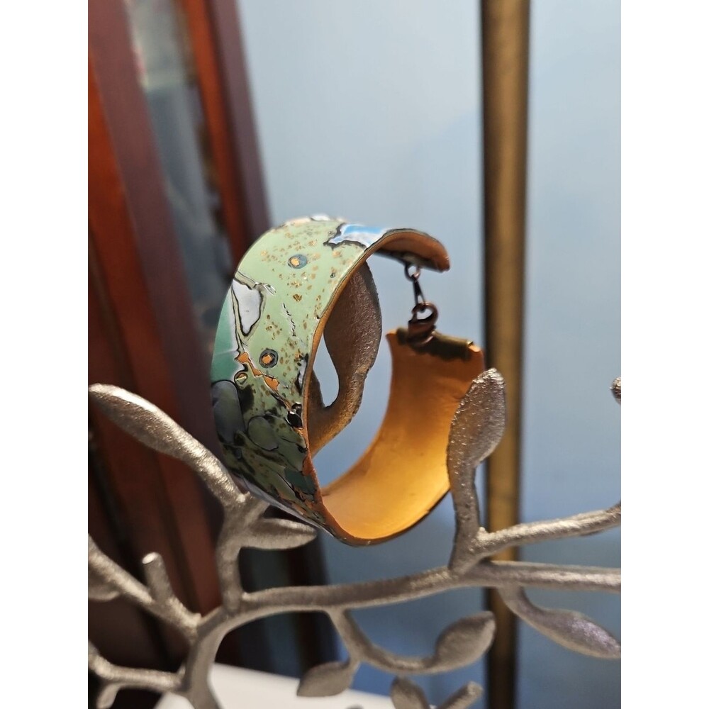 NWOT Laiclay Hand Crafted Enamel Green and Gold Marbled Cuff Bracelet
